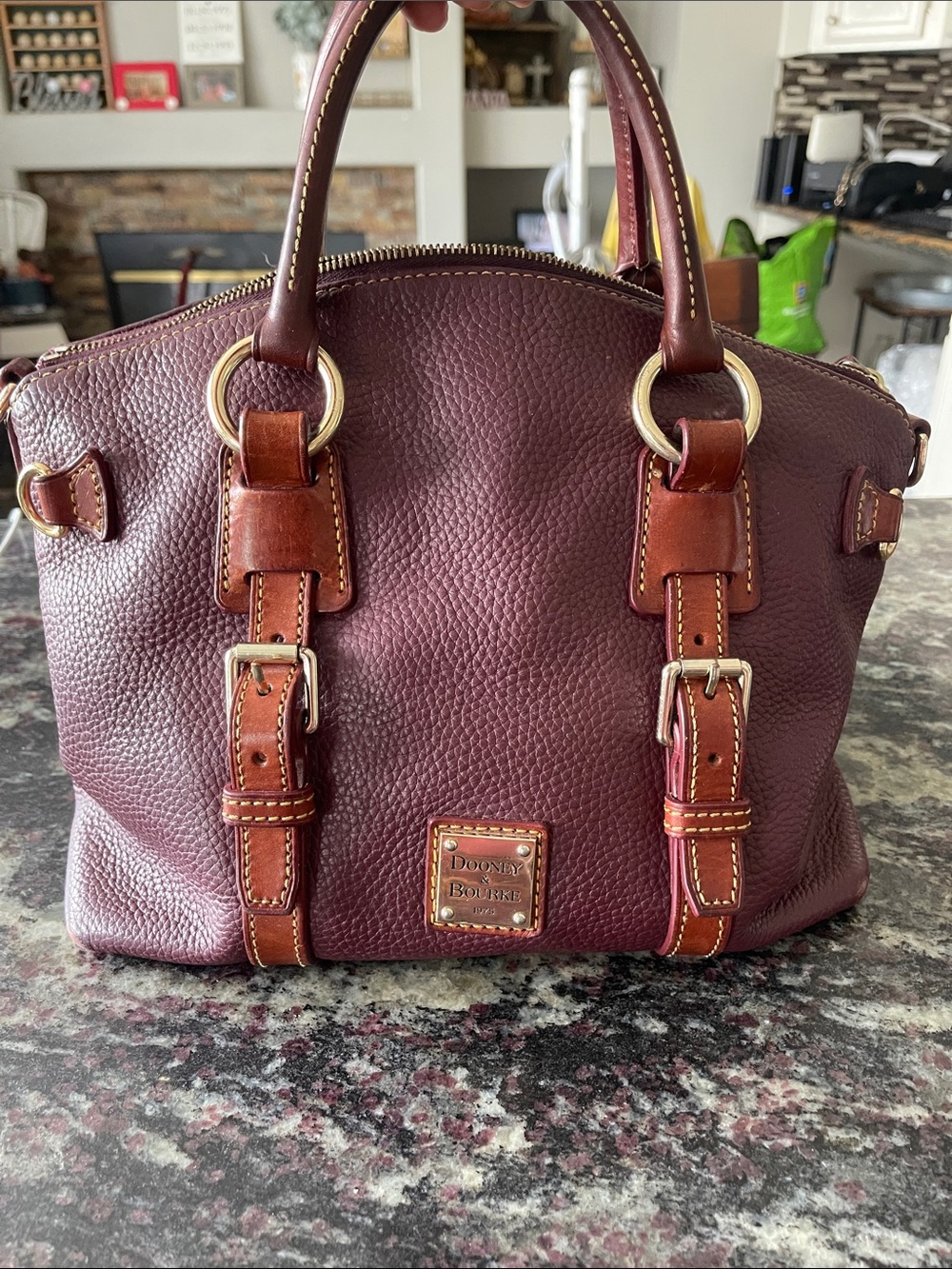Dooney & Bourke Wine Pebbled Leather Satchel with Brown Trim